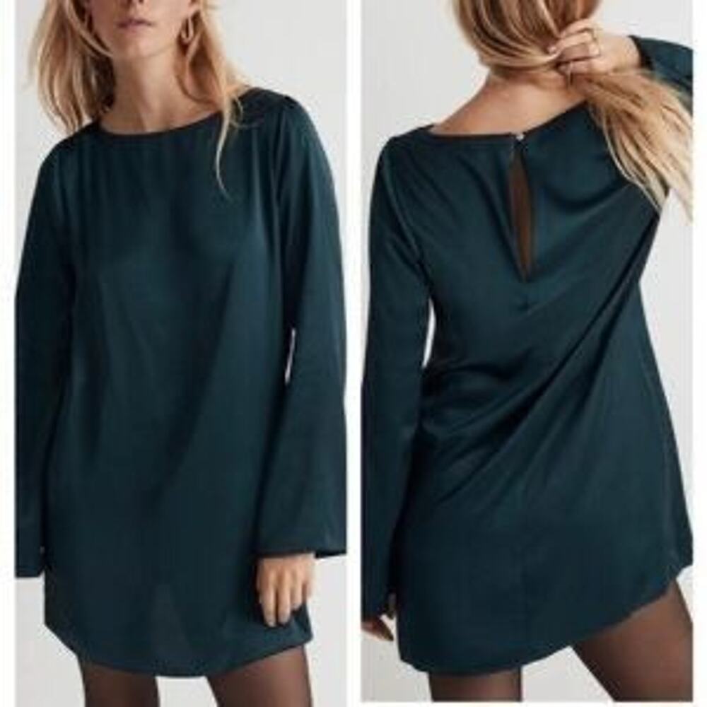 Madewell Smoky Spruce Satin Bell Sleeve Shift Mini Dress M